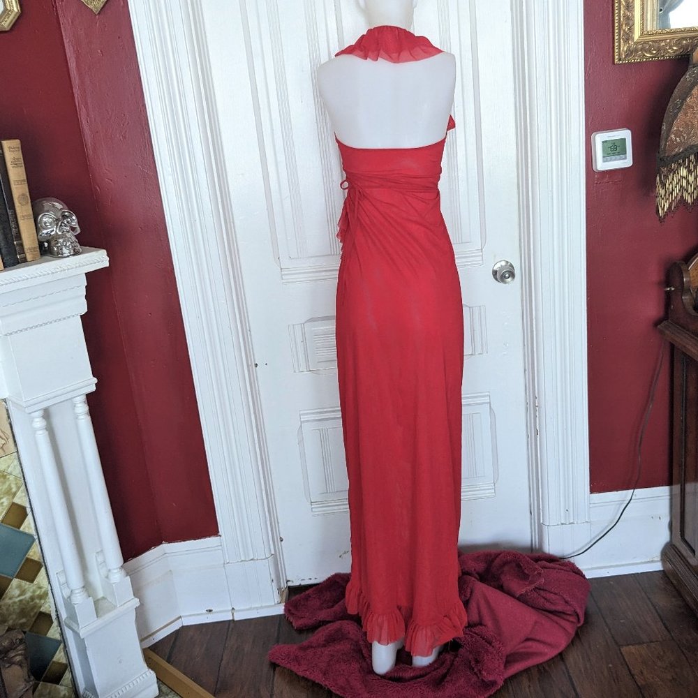 Forplay Red Mesh Ruffle Halter Gown - Picture 4 of 11